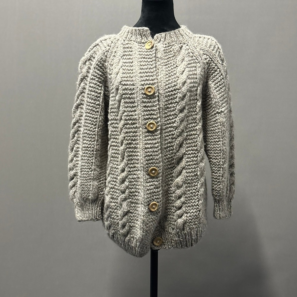 Wool Cardigan Greek Women Medium Chunky Cable Knit Wool Blend Button Up